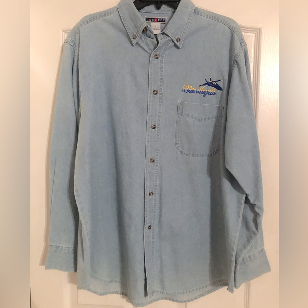 Blue Angels Large Blue Denim men’s long sleeve button down shirt